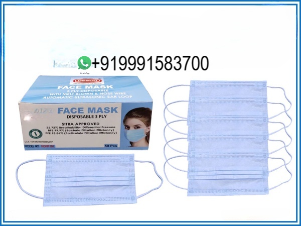 FACE MASK DISPOSABLE 3 PLY WITH MELT BLOWN SITRA APPROVED BOX OF 50