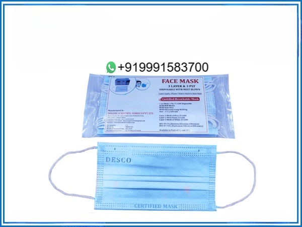 FACE MASK DISPOSABLE 3 PLY WITH MELT BLOWN PACK OF 5